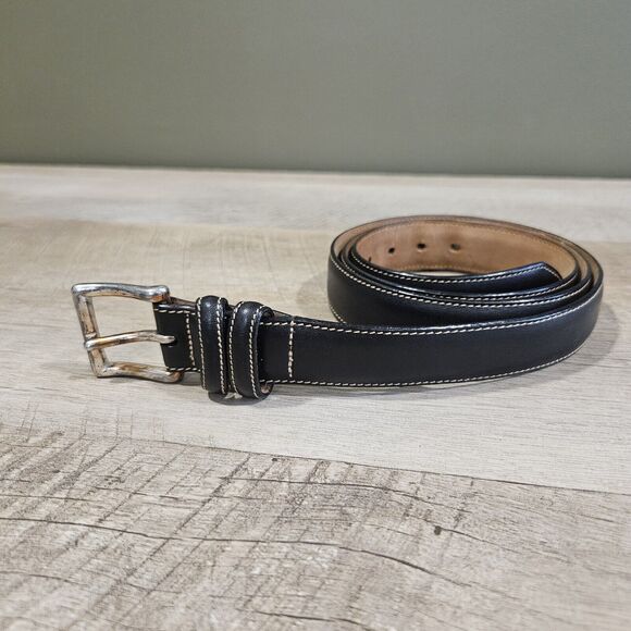 CROOKHORN Black White Lined Leather Belt Size 38 Brass Buckle USA Made 61016 - Picture 1 of 11
